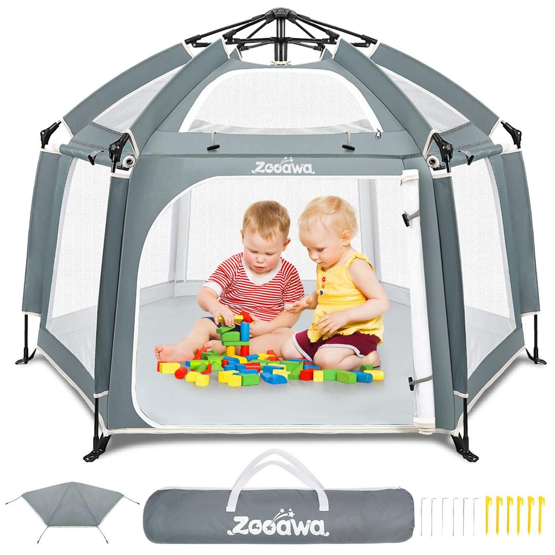 Zooawa Pop Up Playpen for Baby, 150*100 cm(L*H) Playpen for Babies and Toddlers with Removable Sun-Shades& 2 Side UV Covers, Lightweight Outdoor Baby Play pen for Beach Home with Travel Bag,Light Gray