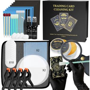 Card Care Clean Kit,17-in-1 Card Cleaning and Polishing Restoration Kit, Trading Card Cleaning Box with Cleaning Spray and Balck Nitrile Gloves, Suitable for Surface Card Care&Flatten Edges, 7.2″