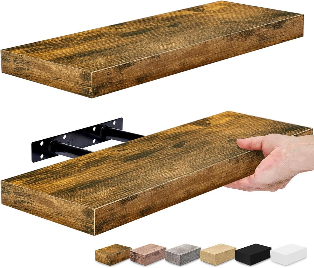 Sorbus Floating Shelves for Wall, Bathroom Shelves Wall Mounted for Kitchen, Bedroom, Bathroom Storage Over Toilet, Hanging Book Shelf for Wall Home Decor Living Room (Maple Wood, 2 Pack) (Walnut)