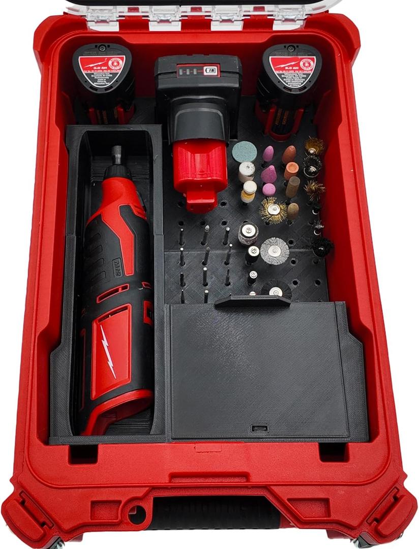 M12 Rotary Packout Organizer with Drawer and Bit Storage for Milwaukee Packout Compact Tool Box- Battery, bits, and Blade Storage- Liner Only