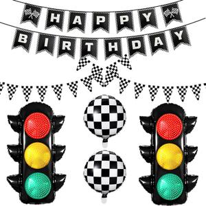 Race Car Birthday Party Decorations with Traffic Light Balloons,Automobile Party Decor for Kids Include Transportation Light Balloons Happy Birthday Banner Checkered Pennant Banner Checkered Balloon
