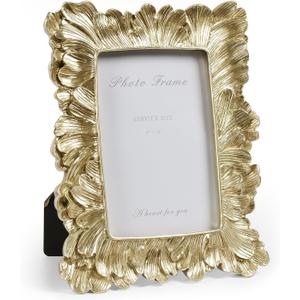 Cuspin Vintage 4x6 Picture Frame, Gold Frames Palm Leaves Textured Hand-Crafted Resin with Glass Front, Elegant Retro Photo Frame for Wall Hanging and Tabletop Display Home Decor (Feather Petal Gold)