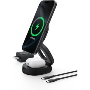 Belkin MagSafe Charger Compatible, 2-in-1 Qi2 Wireless Charging Station 15W, Convertible Charger for iPhone 17, Apple Watch, AirPods, Pixel 10, Portable Phone Stand for Travel w/ 30W Adapter - Black