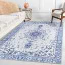 Area Rug - 8'x10' Vintage Floral Honeycomb Non Slip Backing Carpet - Blue Softer Thicker Faux Wool Rug - Lightweight Machine Washable Rugs for Living Room Bedroom Dining Room Home Office