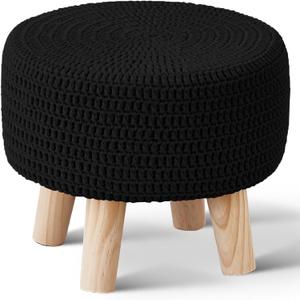 Wimarsbon Small Ottomans, 100% Hand Knitted Pouf Ottoman, Round Footrest with 4 Non-Skid Wood Legs, Boho Dcor Cotton Rope Pouffe, Leisure Floor Step Chair for Living Room (Black)