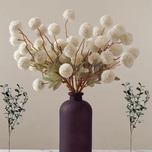 Faux Flowers Kiku White - 10 Stems & Eucalyptus Stems, Fake Small Mini Chrysanthemum Flowers, Realistic Artificial Flowers, Pom Pom Balls for Aesthetic Room Decor, Floral Arrangements Centerpiece