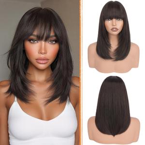 Haloo Brown Bob Wigs with Bangs Shoulder Length Straight Natural Looking Synthetic Heat Resistant Medium Hair Wigs for Women Daily Party, 16 Inch, Dark Brown