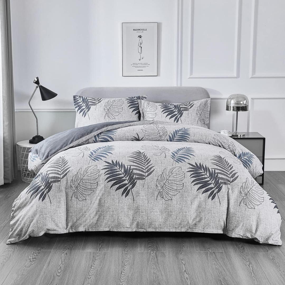 OAITE Duvet Cover Set,100% Cotton Comforter Cover with Leaf Pattern Duvet Cover Set,Soft Bedding Set Includes with 3 Piece (2 Pillow Shams,1 Duvet Cover) (Queen-90" x 90", Grey Blue-leaves)