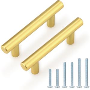 Probrico 5 Pack 2-1/2 inch Center-to-Center Kitchen Cabinet Pulls T Bar Gold Cabinet Handles Modern Drawer Hardware Dresser Pulls, 4 inch Total Length