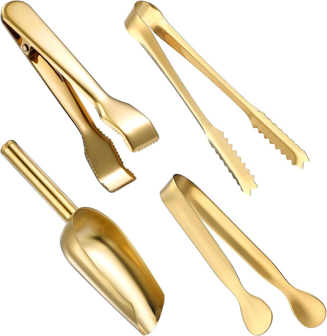 Sieral 4 Pieces Ice Tongs and Scoops Stainless Steel Ice Cube Tong with Teeth Shovel Scoop Buffet Clip Candy Food Kitchen Serving Utensils Set for Cocktail Whiskey Tea Party(Gold)