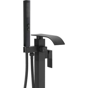BESy Tub Filler Freestanding Bathtub Faucet Matte Black Floor Mount Tub Faucet Waterfall Free Standing Bathtub Filler High Flow Brass Bath Shower Faucets with Handheld Sprayer