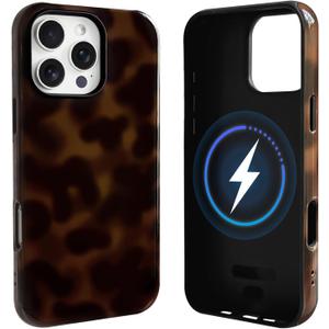 NITITOP Compatible with iPhone 16 Pro Max Case Magnetic Compatible with MagSafe Cute Leopard Amber Aesthetic Tortoise Design for Women Men Girls Soft TPU Shockproof Protective Cover - Brown