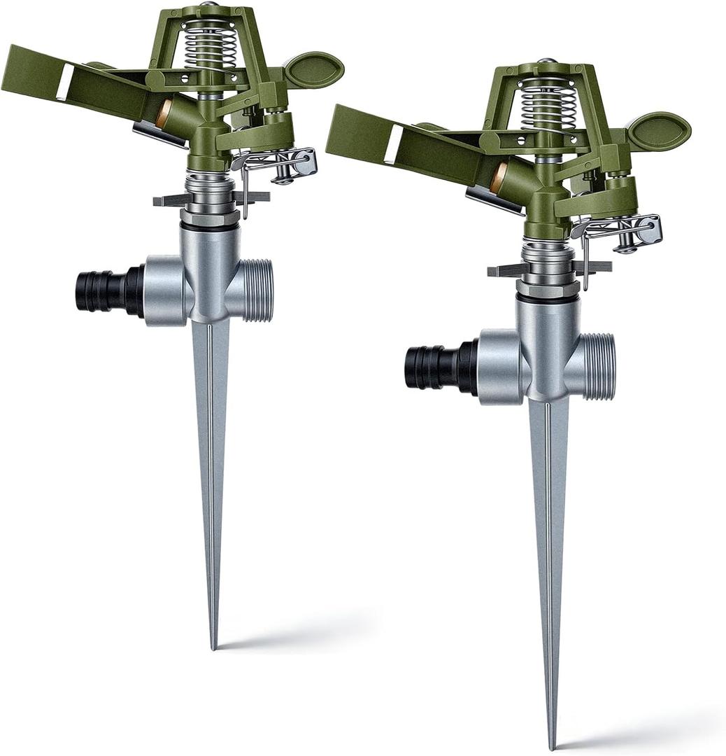 2 Pack Zinc Alloy Impact Lawn Sprinklers with Stand(Spike), Durable Heavy Duty Adjustable Lawn Sprinkler with 360 Coverage, Water up to 30-65FT Area, Ideal for Large Area Lawn Patio Garden