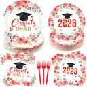 Dispowreath 250 Pcs Red Floral Graduation Plates and Napkins Set 2026, Class of 2026 Red Gold White Congrats Grad Disposable Tableware for 50, Wildflower Freshly Graduated Decorations Party Supply