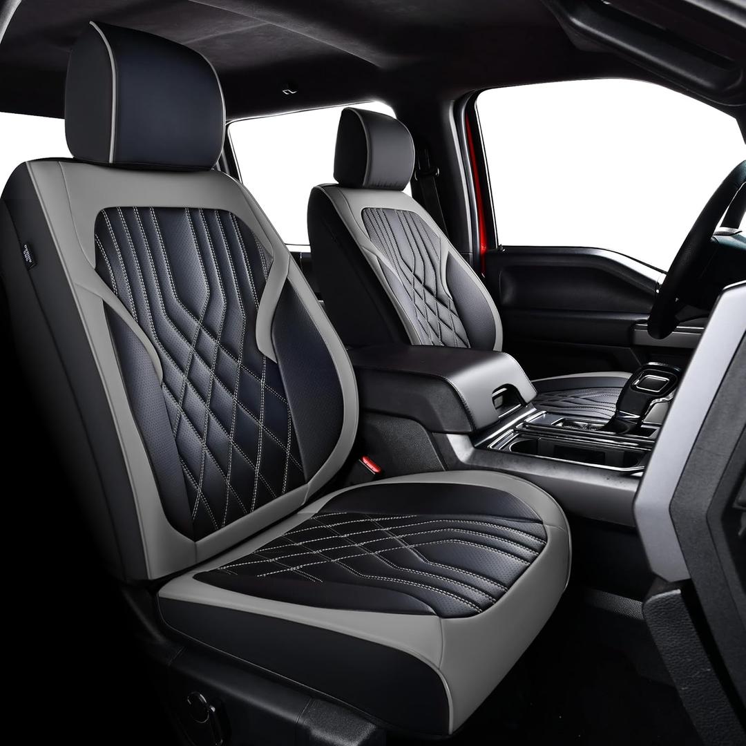F150 Seat Covers, Napa Leather, for 2015-2025 Ford F150 SuperCrew and 2017-2025 F250 F350 F450 Heavy Duty(Full Set, Black&Gray)
