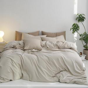 MooMee Oversized Queen Duvet Cover Set, 100% Washed Cotton Linen LikeTwill Thick Sturdy Material Super Soft Breathable Durable Bedding for All Season, 3 Pieces (Cream Grey, Oversized Queen 98"x98") (Cream Grey (No Comforter))