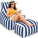 Briwooody Outdoor Bean Bag Chair with Ottoman, Large Patio Lounge Chair for Adults, Thick Filled Lounger for Pool, Deck, Backyard Relaxation Seating(Blue, White Stripes)