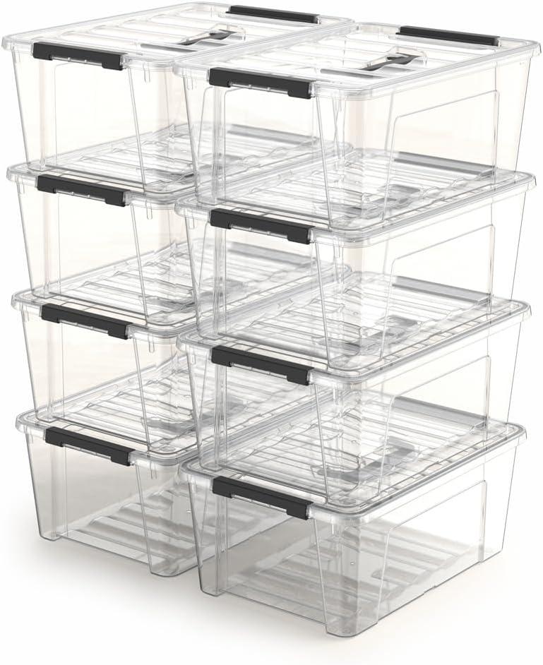 8 Pack 5 Quart Clear Plastic Storage Bins with Latching Lids, Stackable Small Storage Boxes for Closet, Pantry & Office Organization