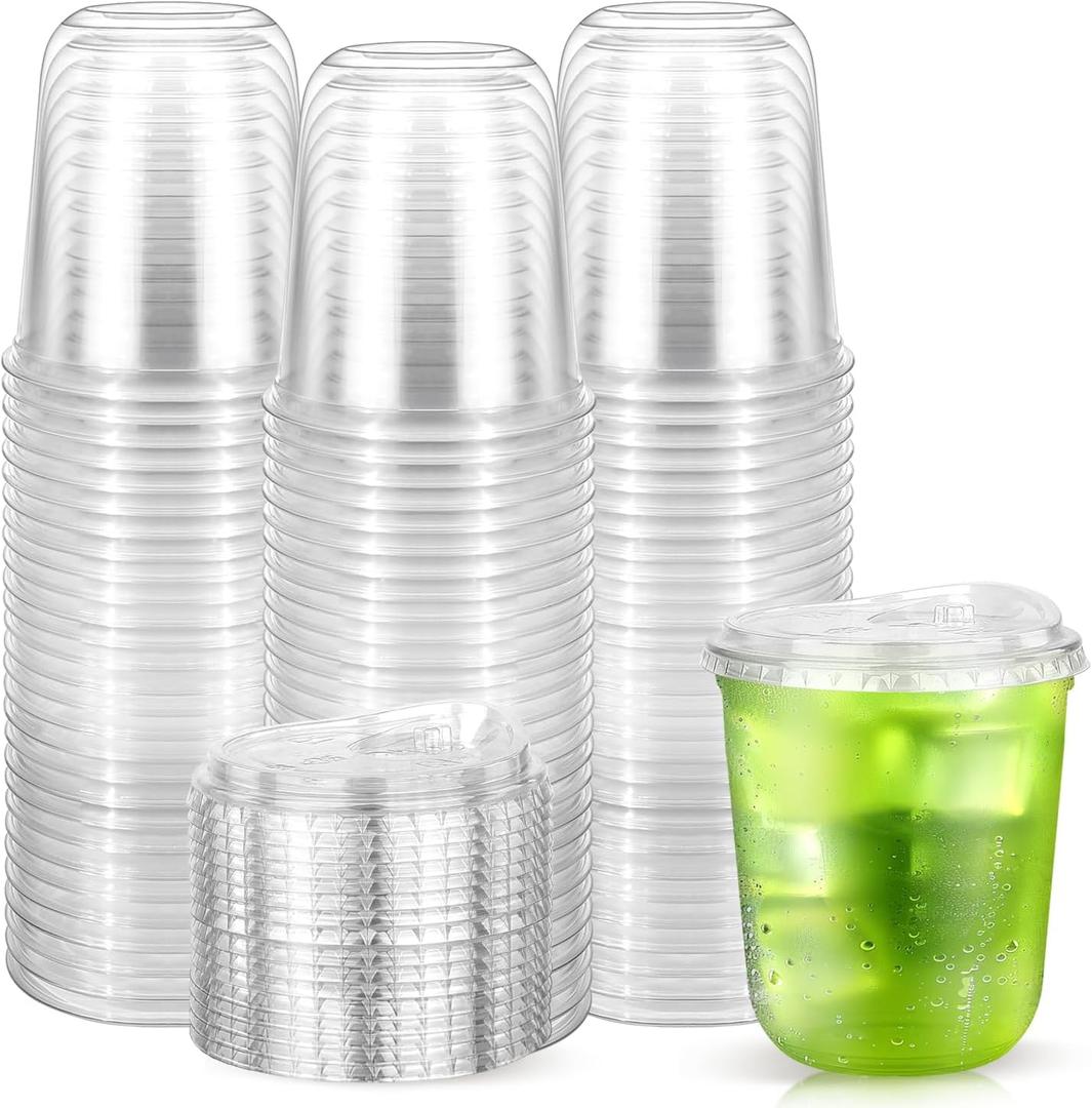 50 Pack 12 oz Round Bottom Plastic Cups with Sip Lids, Strawless To Go Iced Coffee Latte Cups, Disposable Clear Boba Tea Smoothie Cup for Cold Beverage Shops, Party, Picnics, Takeout, Office