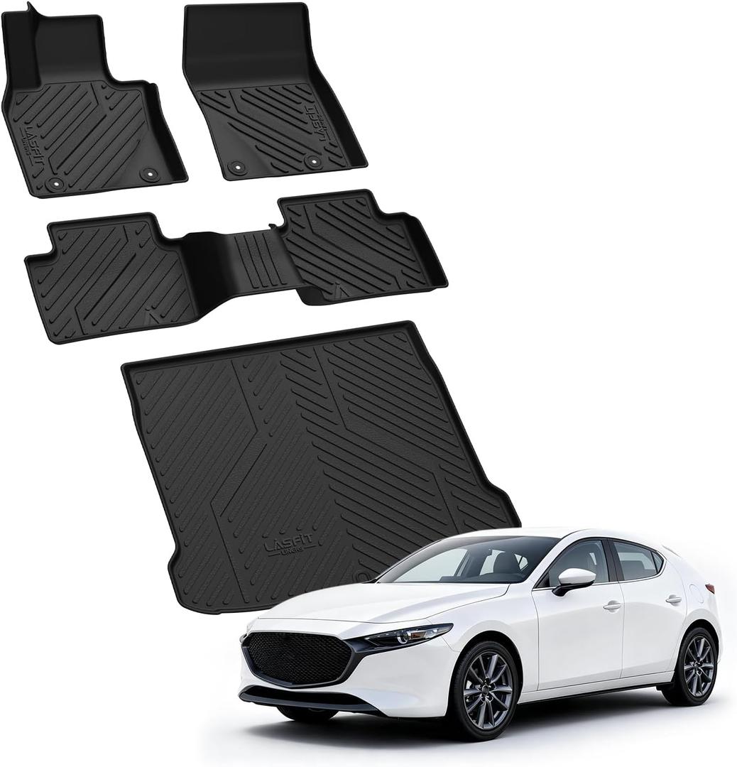 LASFIT Floor Mats & Cargo Liner for Mazda 3 Hatchback 2019-2026 (Not Fit Sedan) All Weather TPE Custom Fit Automotive Front & Rear 2 Row Car Liners and Trunk Mat Full Set Accessories, Black