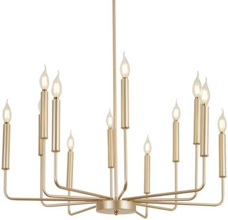 Qamra Modern Farmhouse Gold Chandelier for Dining Room, 12-Light Rustic Candle Chandelier Light Fixture, Industrial Hanging Chandeliers Lighting for Living Room, Kitchen, Staircase, Entryway, Foyer