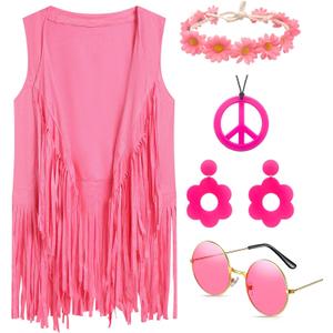 70s Disco Outfits Hippie Clothes Costume for Women, 5 Pcs 60s 70s Hippie Accessories Halloween (XX-Large, Pink)