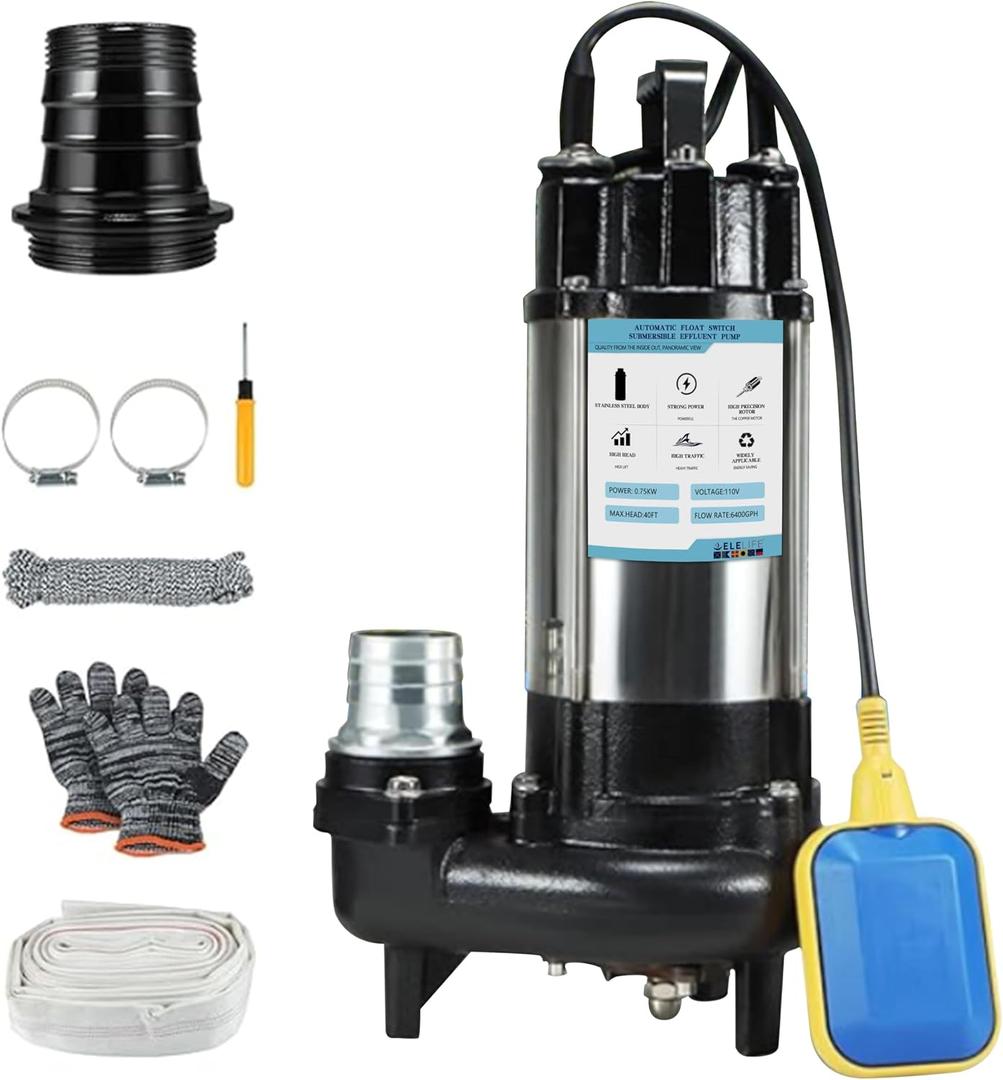 1HP Sewage Grinder Pump Submersible Effluent Pump, Sump Pump 110V 6400GPH with Automatic Float Switch,Stainless steel body and reamer.2'' NPT Discharge for Basement, Sump Basin.