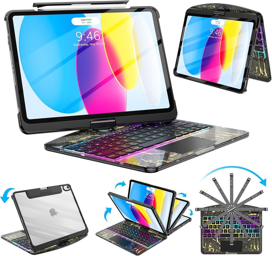 SIBEITU Keyboard Case for iPad A16 11th Gen 11" 2025 & 10th Gen 10.9" 2022, Clear Wireless Keyboard Protective Cover with Multi-Touch Trackpad, 7-Color Backlight & 3-Brightness, 360 Rotatable, Black