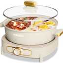 Dezin Hot Pot Electric with Divider, 6L Double-Flavor Shabu Shabu Pot, Dual Sided Removable Non-Stick Hotpot Pot Electric, 3" Depth Chinese Hot Pot with Multi-Power Control, 2 Silicone Ladles Included (Beige)