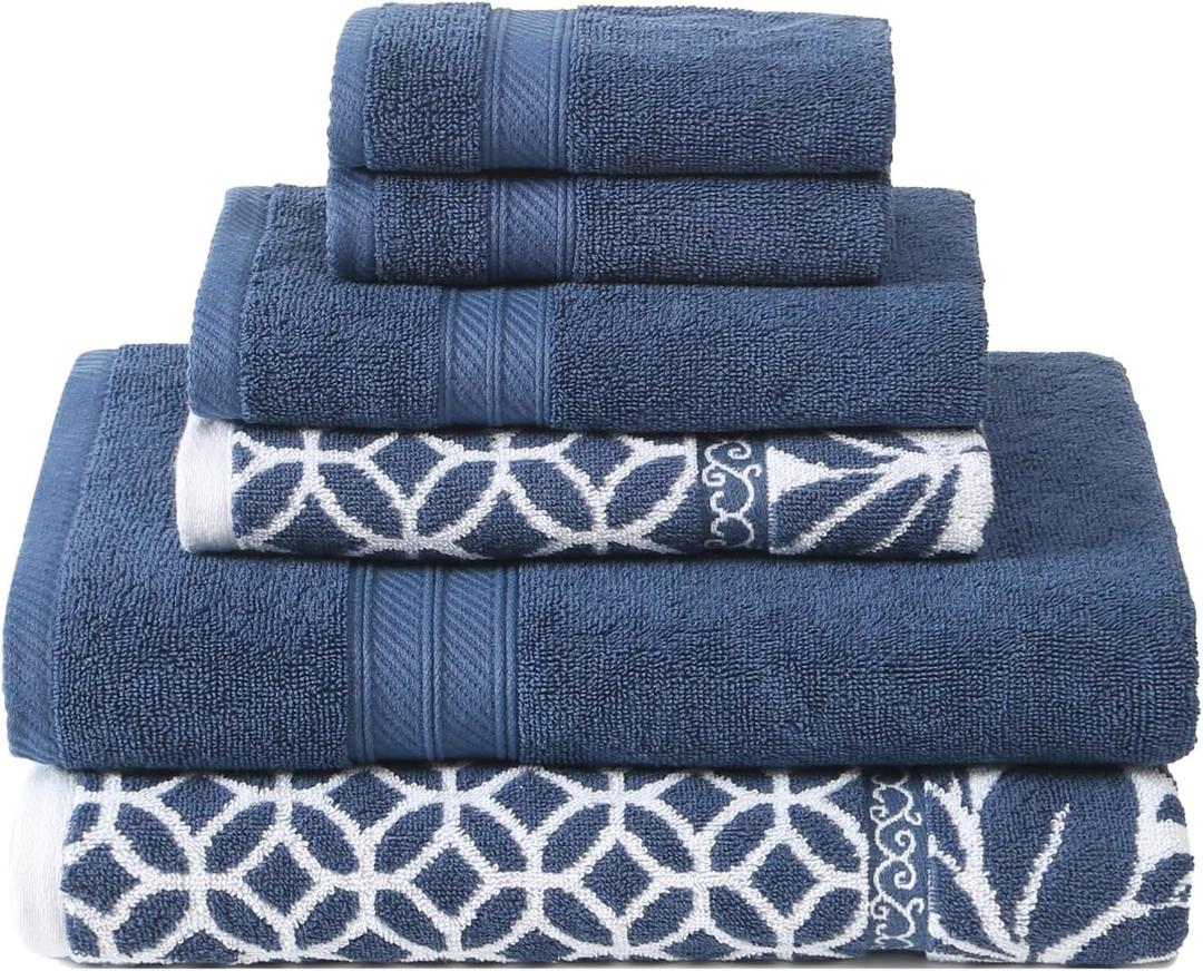 Modern Threads Trefoil Filigree 6-Piece 100% Cotton Towel Set – Reversible Yarn Dyed Jacquard – Includes 2 Bath Towels, 2 Hand Towels, 2 Washcloths – Absorbent, Quick Dry, Soft & Durable – Navy Blue