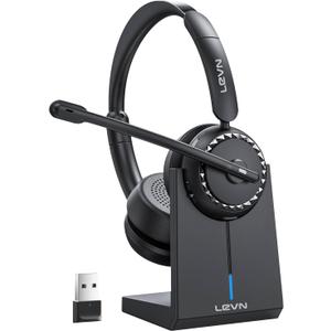 LEVN Wireless Headset, Wireless Headset with Mic for Work, AI Noise Cancelling, 65 Hrs Working Time, Bluetooth Headphones with Microphone from Computer/Call Center/Teams (Black)