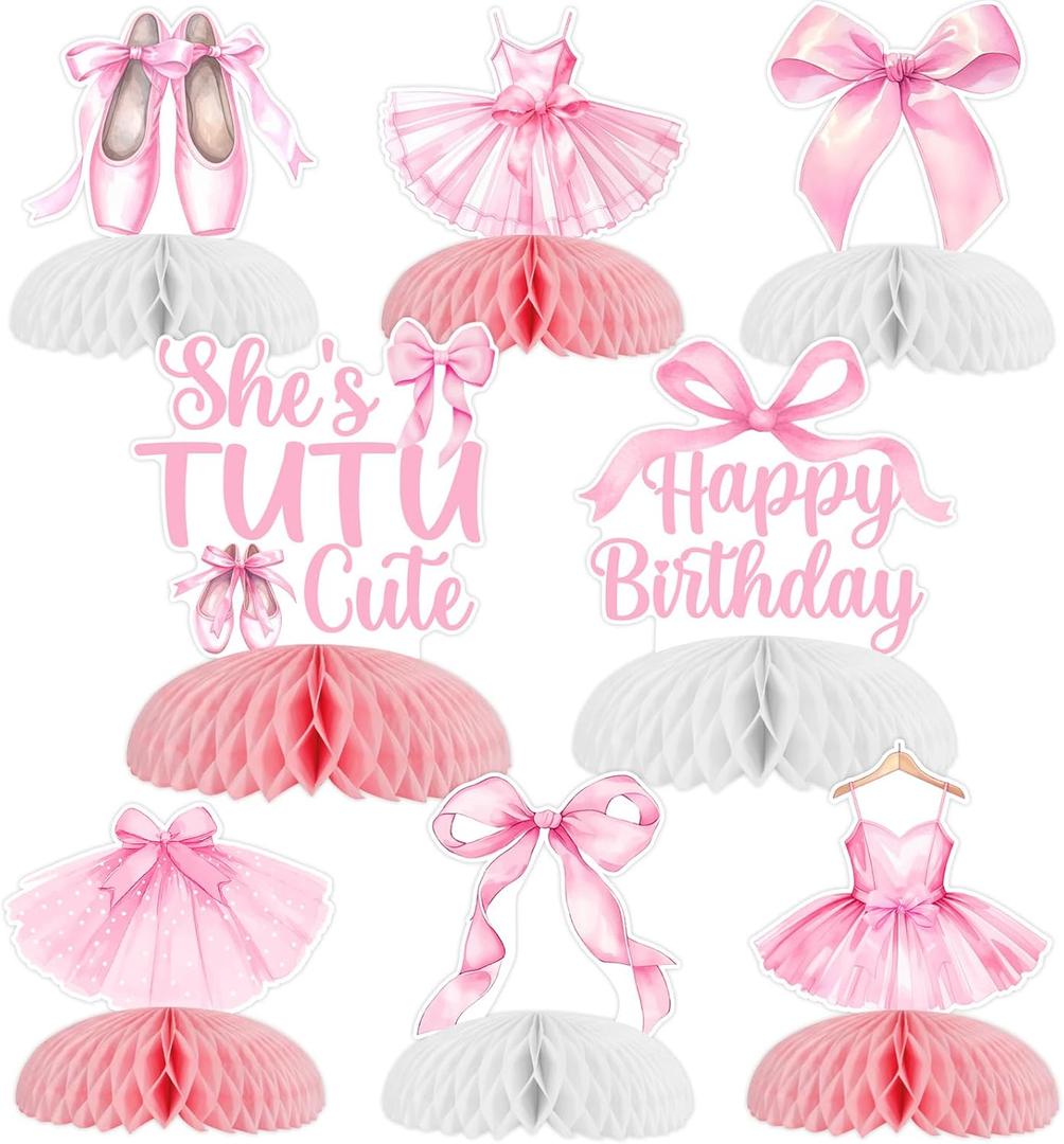 Jollyboom Tutu Cute Birthday Decorations, 8pcs Ballet and Bows Party Decoration She S Tutu Cute Table Honeycomb Centerpiece for Ballerina Birthday Party Dancing Girl