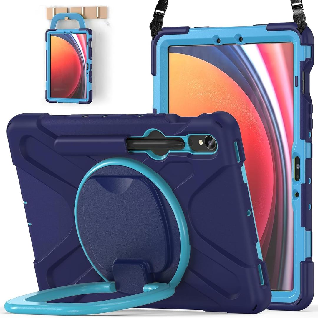 BATYUE Case for Samsung Galaxy Tab S10 lite/S10 FE/S9 FE/S9/S8/S7 5G 10.9"/11", Heavy Duty Shockproof Protective Tablet Case with S Pen Holder, 360 Rotating Stand Cover, Shoulder Strap, Navy Blue