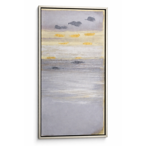 Framed Canvas Print Wall Art Blue Watercolor Landscape with Gold Stripes Geometric Shapes Illustrations Modern Art Contemporary Expressive for Living Room, Bedroom, Office - 20"x36"