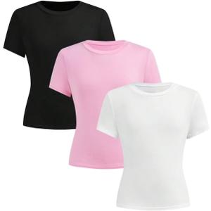 COZYEASE Girl's 3 Pack Summer Basic Tight Shirts Short Sleeve Crew Neck Casual Fitted Tee Tops, Black White Pink Size 11Y