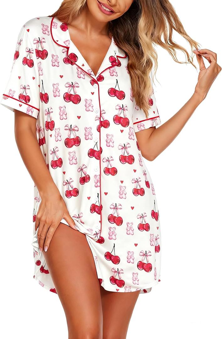 ASTANFY Nightgowns for Women Button Down Sleepshirt Short Sleeve Nightshirt Xmas Pajamas V Neck Nightdress (Small, Cherry-white)