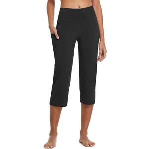 baleaf Womens Capri Pants with Pockets Yoga Capri Leggings High Waist Wide Leg Crop Exercise Workout Summer Pants (Black, S)