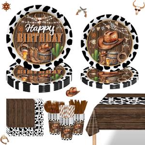 169PCS Cowboy Party Decorations for Boys Western Birthday Party Supplies Cowboy Wild West Themed Paper Plates and Napkins Cups with Forks Knives and Straws Tableware Set for 24 Guests