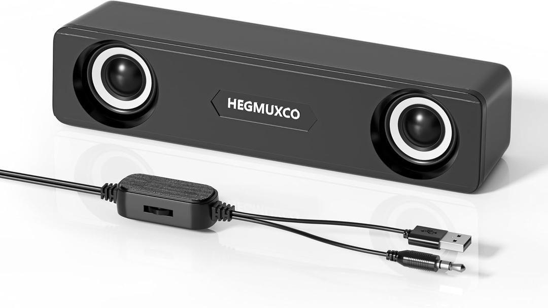 Compact PC Speakers for Desktop - 10W Wired Stereo Speaker with Volume Control Knob, USB Powered, 3.5mm Audio Input, Laptop Expertly Tuned Computer Soundbar with Deep Bass for Office, Home, and Gaming