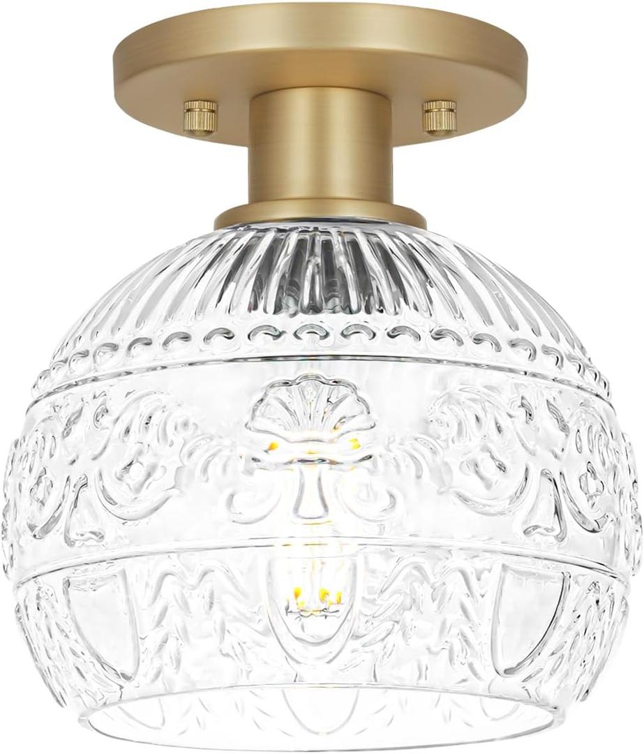 Brass Gold Semi Flush Mount Ceiling Light Fixture, Farmhouse Bathroom Light with Globe Glass Shade, Vintage Hallway Lights Fixture, Small Close to Ceiling Lighting for Porch Corridor Kitchen Entryway