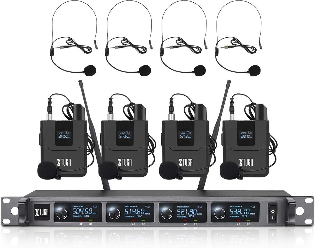 XTUGA A140 Wireless Microphone System, 4-Channel UHF Cordless Mic Set with Four BodyPack Mics, All Metal Build, Fixed Frequency, Long Range 300ft, Ideal for Church,Karaoke (4 BodyPack)