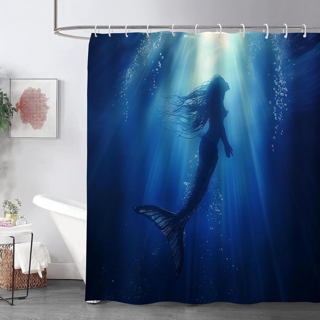 Underwater Shower Curtain, Mermaid Ocean Shower Curtain Set with 12 Hooks,Waterproof Polyester Fabric Bathroom Decor Gifts 72x72 Inch