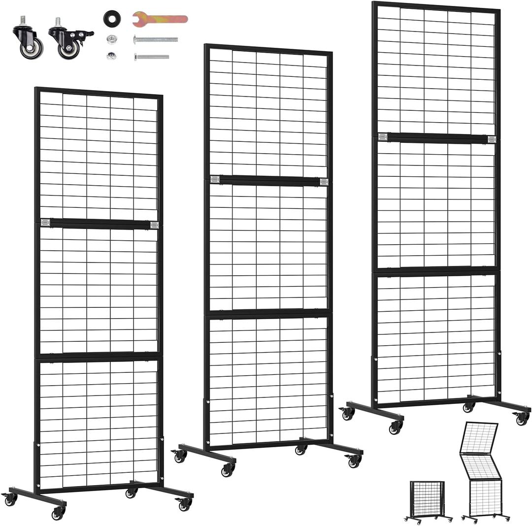 3 Pack Heavy Duty Foldable Gridwall Panels, Adjustable Grid Wall Panels with Braked Wheels, Suitable for Craft Merchandise Display Item Storage (Black)