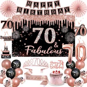 70th Birthday Decorations for Women - 34pcs Black Rose Gold Birthday Party Decor Include Happy 70th Birthday Banner 70 Years Old Crown Sash Backdrop Balloons Cake Topper Hanging Swirls Paper Fans