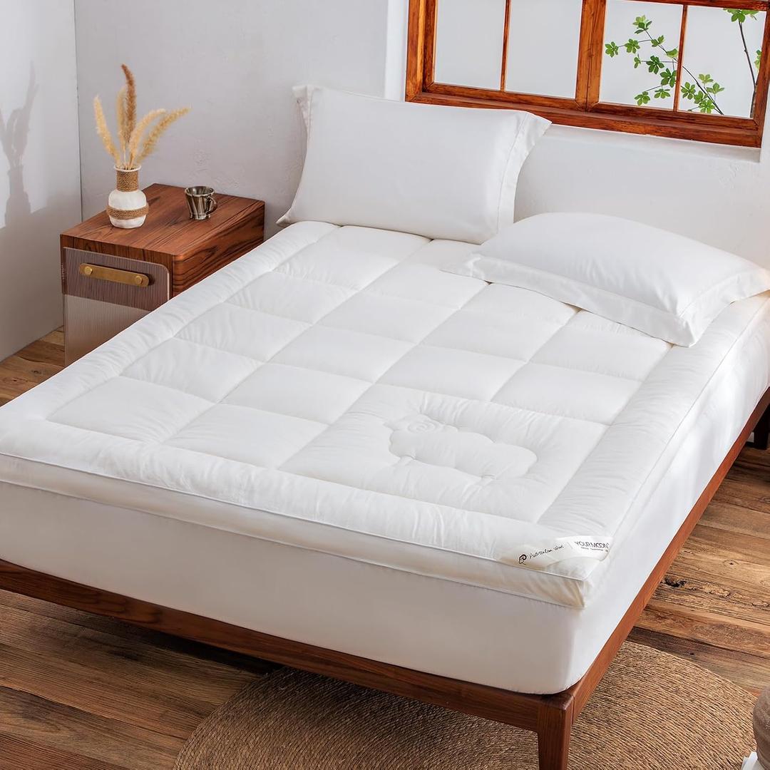 100% Organic Wool Mattress Topper King Size, 800GSM Natural Wool Filling, Thick Pillow Top Mattress Pad, Back Pain Relief Bed Topper with Cotton Cover, 16" Deep Pocket, 78"x80" (White)