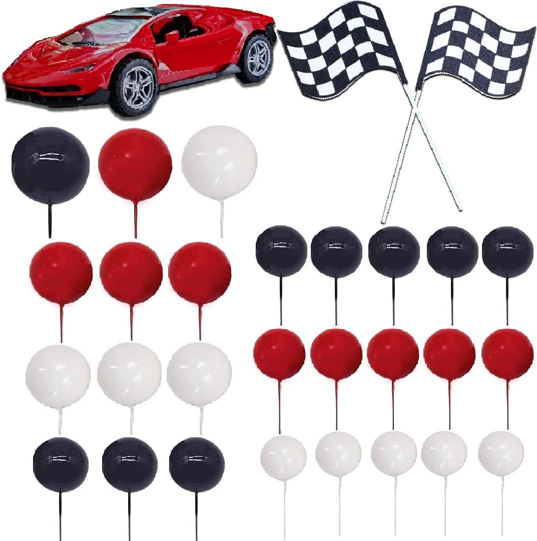 30PCS Race Car Cake Toppers - Checkered Flag Race Car Birthday Decoration with Red, Black, White Balls for Race Car Themed Birthday Party