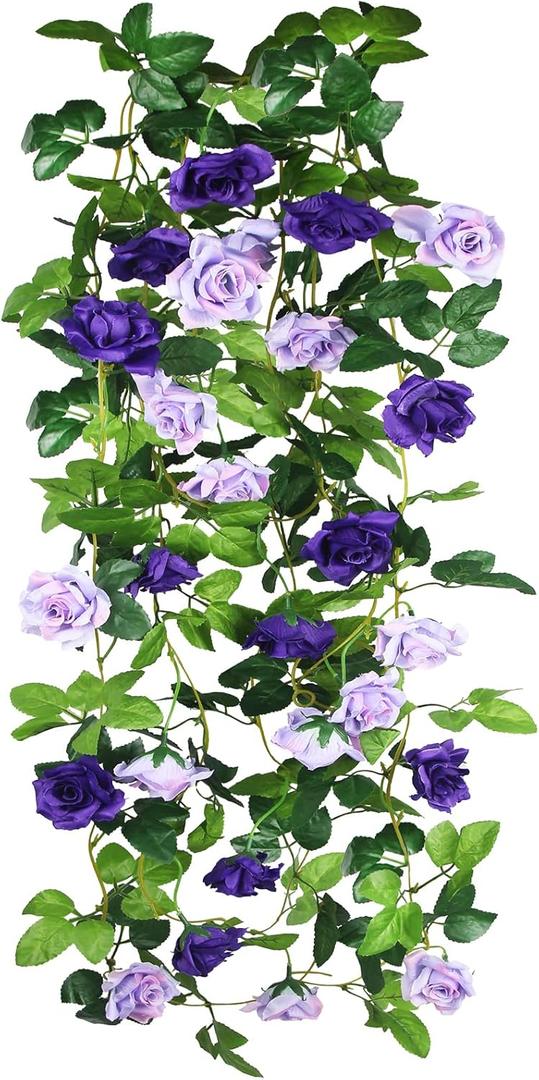 2 Pcs Artificial Rose Vines Flowers Garland Hanging Silk Rose Vine Outdoor 15.8ft Silk Flowers Rose Ivy Vines for Bedroom Wedding Arch Decor Purple Flower Garland for Backdrop Wall Home Garden