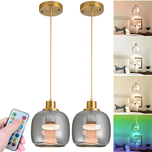 2 Pcs Battery Operated Pendant Light,Battery Ceiling Light With 10000 mAh RGB Rechargeable Light Bulbs 50 hrs Run Time,Glass Hanging Light with Remote Control For Kitchen Island,No Wiring Required