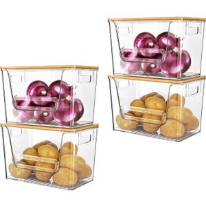 Delamu 4 Pack Pantry Organizers and Storage,Trash Bag Dispenser with Bamboo Top,Stackable Trash Bag Dispenser Under Sink Organizer for 4-30 GalBags,Onion,Potato,Fruits,Clear
