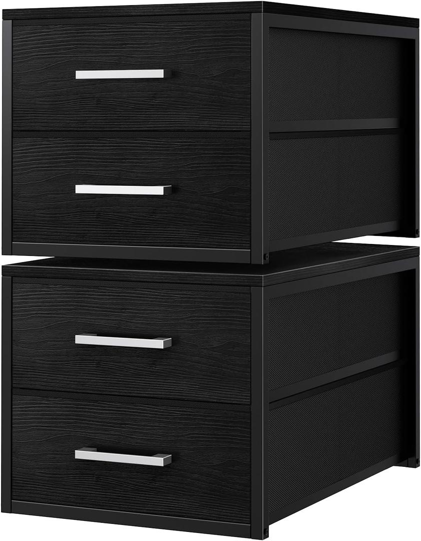 BOLUO Stackable Storage Drawers Narrow Closet Organizers and Storage Fabric Black 2 Drawer Dresser for Bedroom 2 Packs Modern (Deep(15.4"D x 11.4"W x 12"H))